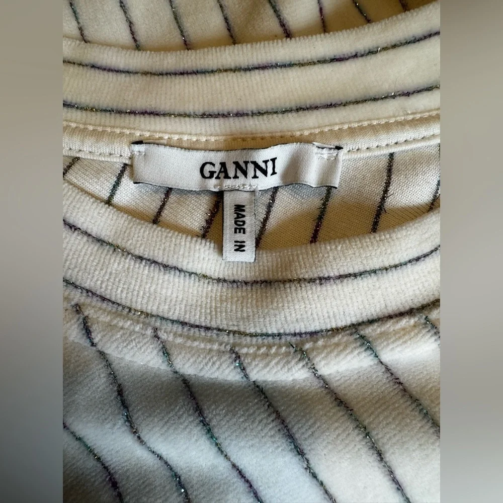 Ganni Women’s Rainbow Metallic Striped Ivory Hawley Velvet Retro Top Sz S